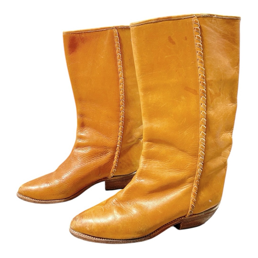Vintage Yellow-Tan Leather Heeled Boots